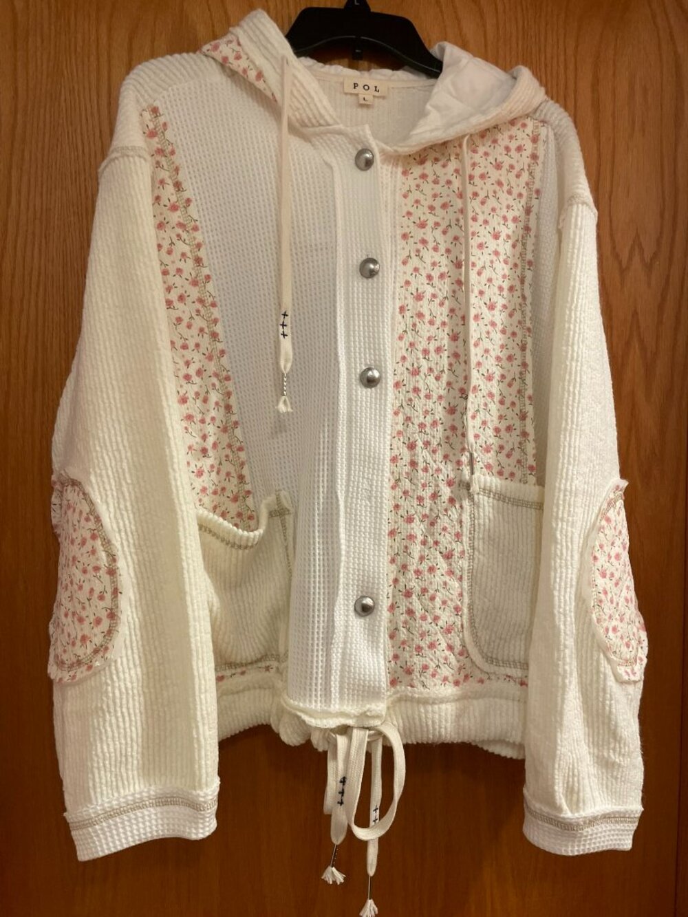 POL Cream Waffle-Knit Hooded Jacket Floral Patchwork Cottagecore